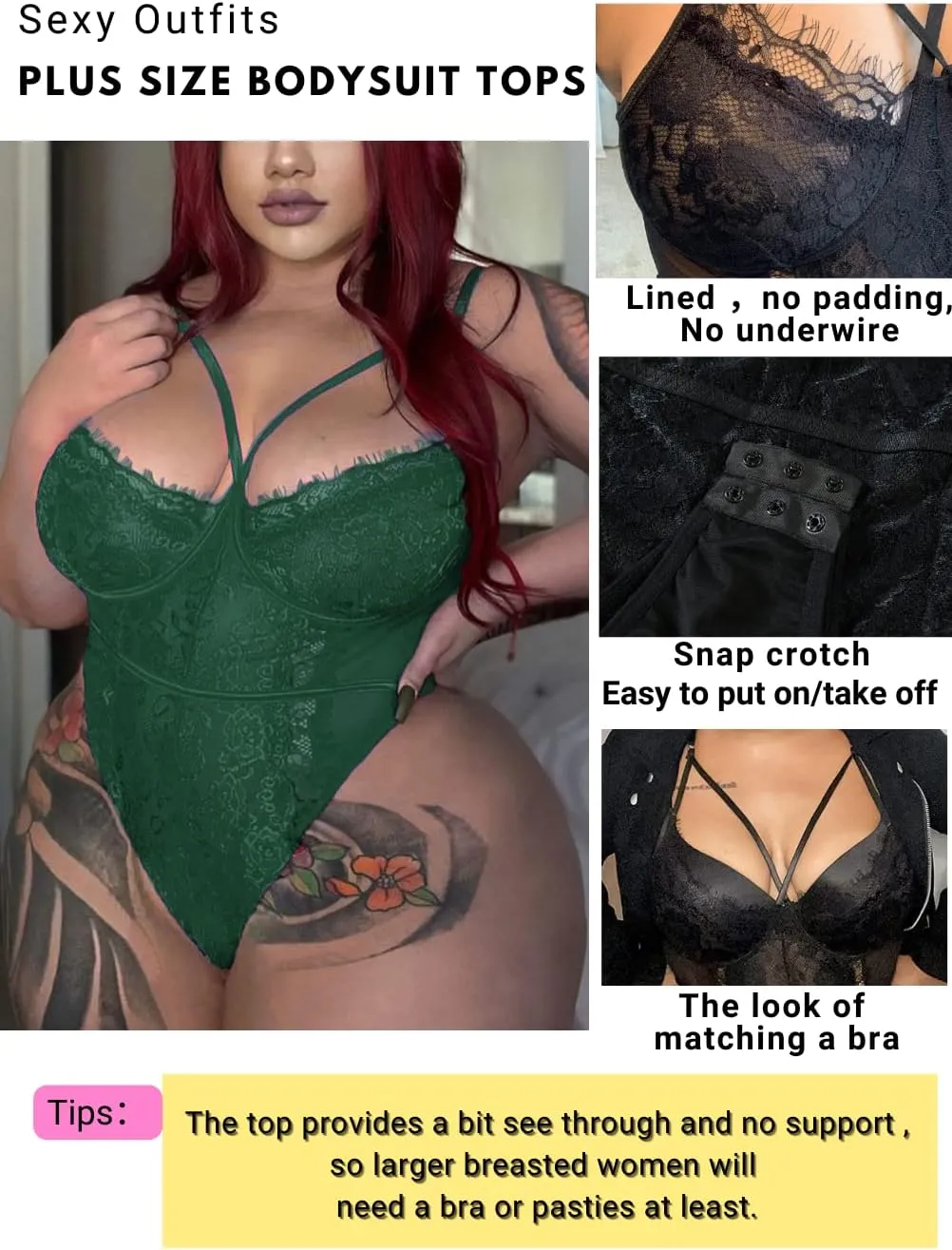 Kaei&Shi Plus Size Eyelash Lace Bodysuit, Snap Crotch Sexy Top Lingerie, Club Outfit