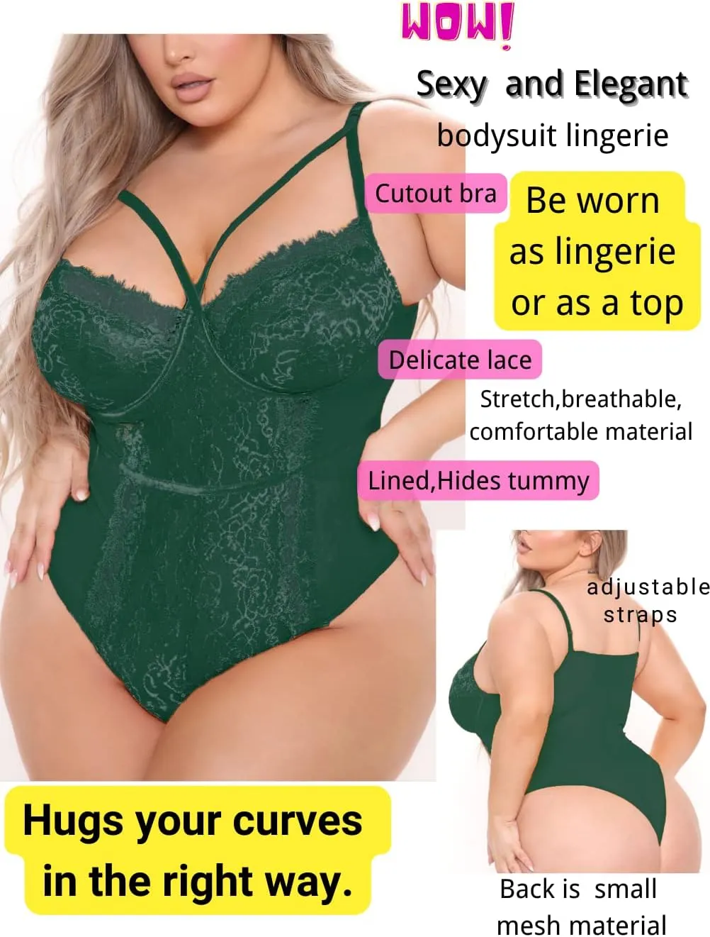 Kaei&Shi Plus Size Eyelash Lace Bodysuit, Snap Crotch Sexy Top Lingerie, Club Outfit