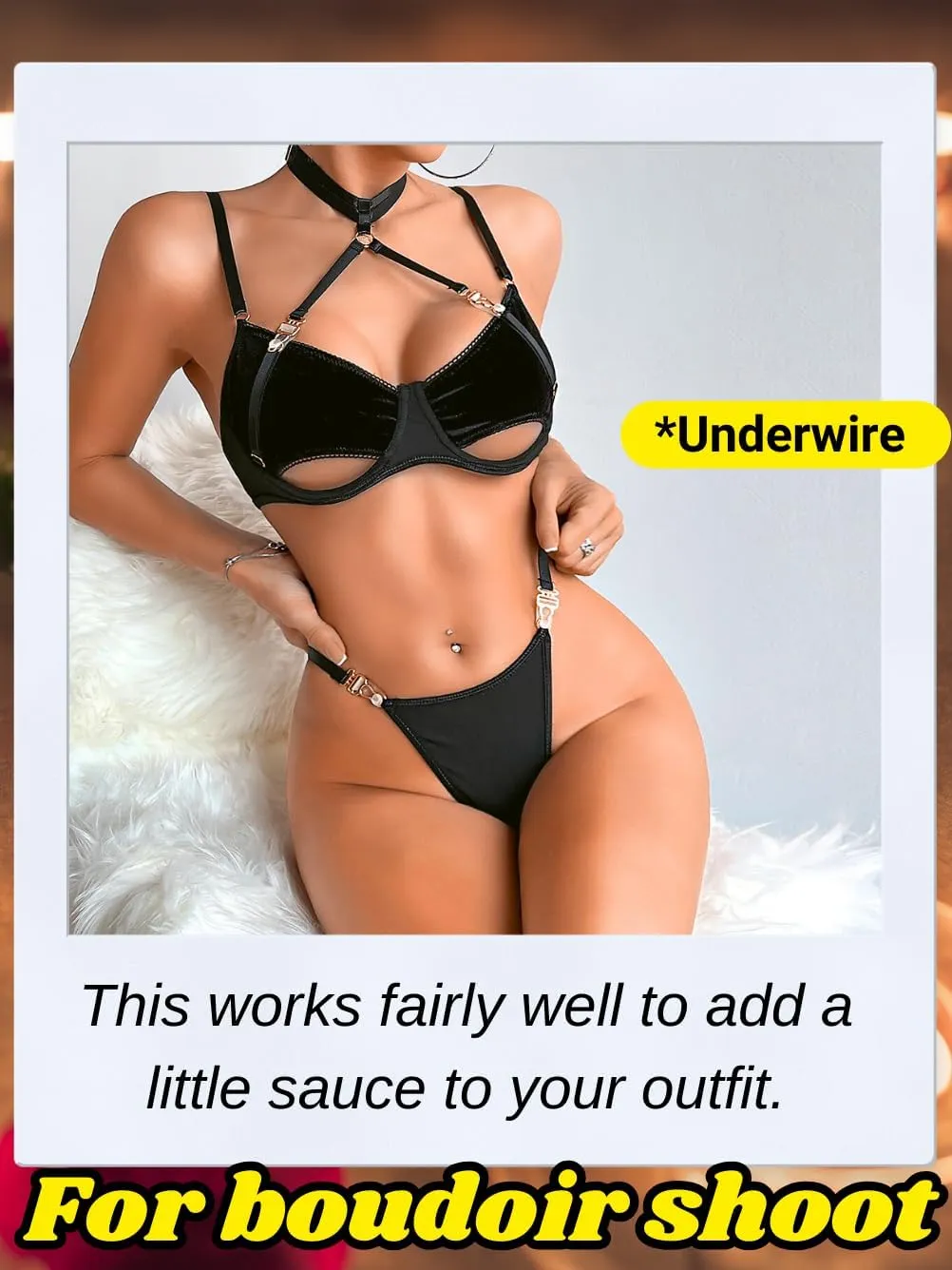 Kaei&Shi Velvet Strappy Lingerie,Underwire Underboob Sexy Bra And Panty Sets,Halter Choker Thong And Bra Set