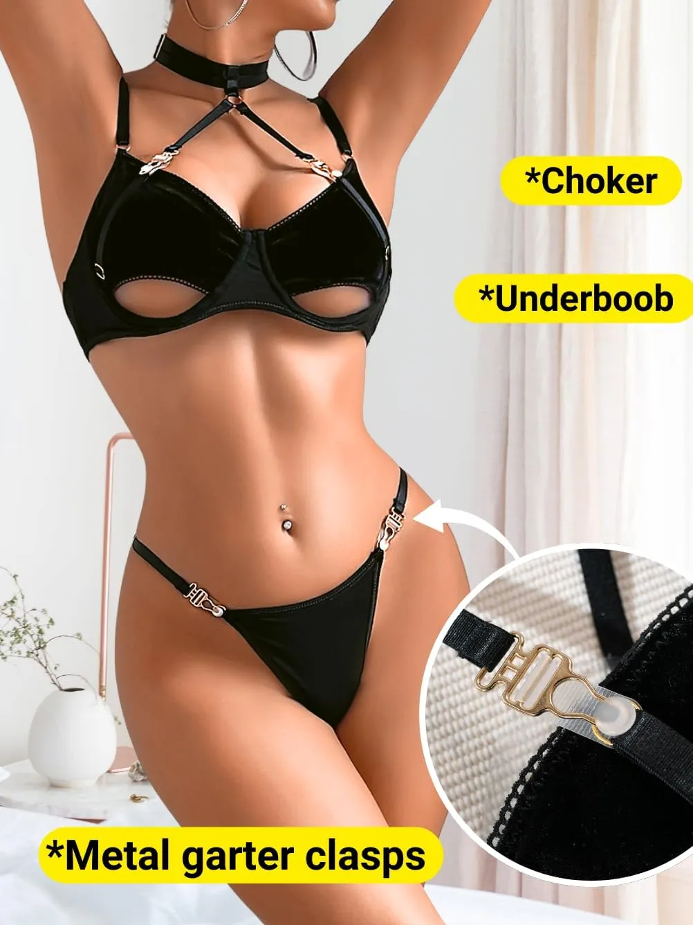 Kaei&Shi Velvet Strappy Lingerie,Underwire Underboob Sexy Bra And Panty Sets,Halter Choker Thong And Bra Set
