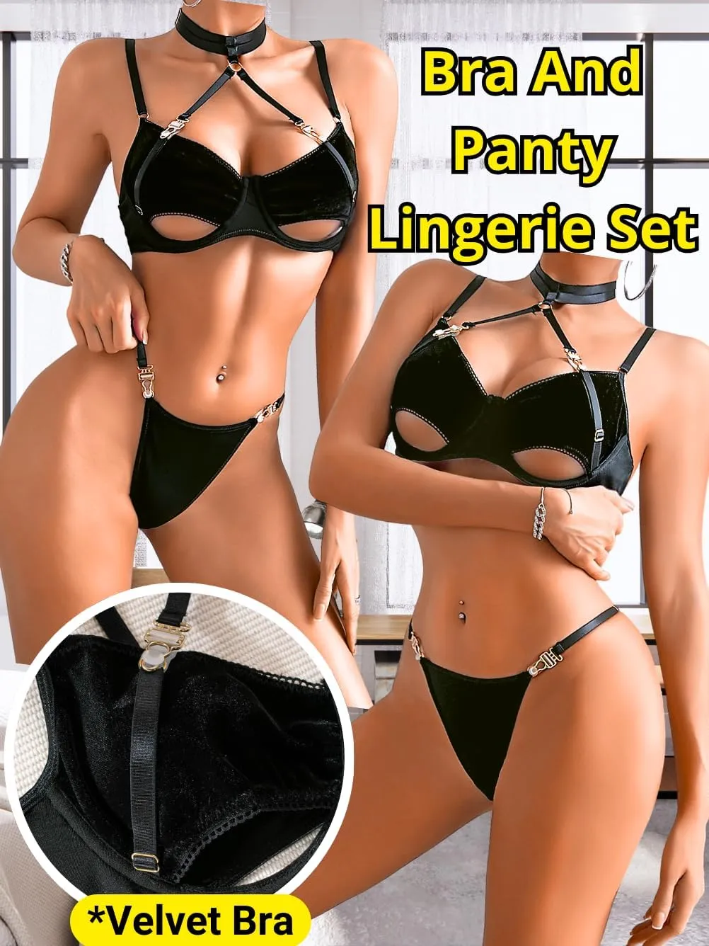 Kaei&Shi Velvet Strappy Lingerie,Underwire Underboob Sexy Bra And Panty Sets,Halter Choker Thong And Bra Set