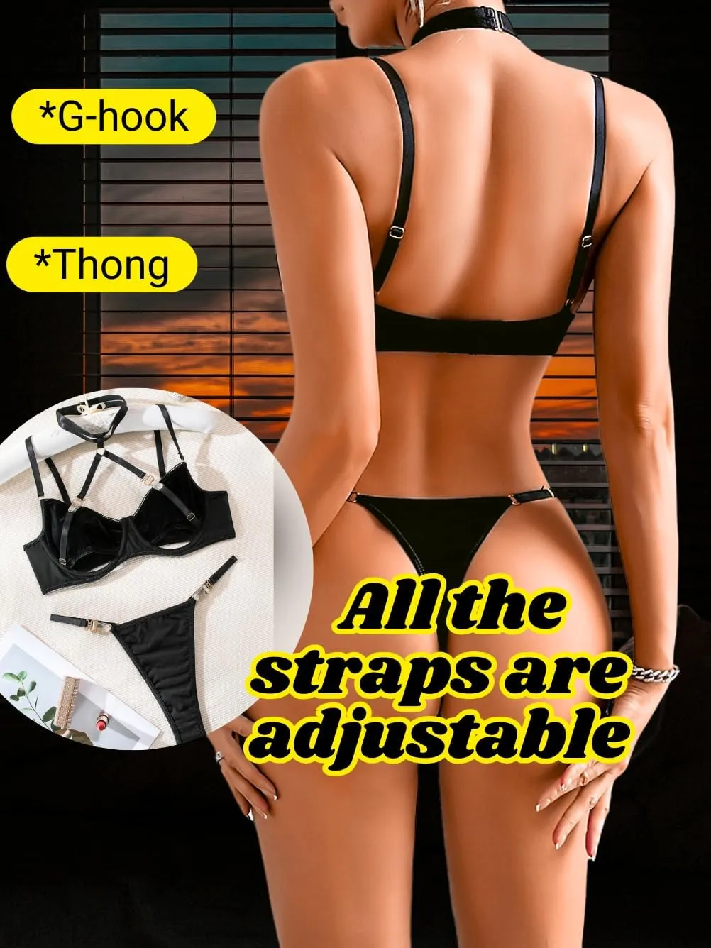 Kaei&Shi Velvet Strappy Lingerie,Underwire Underboob Sexy Bra And Panty Sets,Halter Choker Thong And Bra Set
