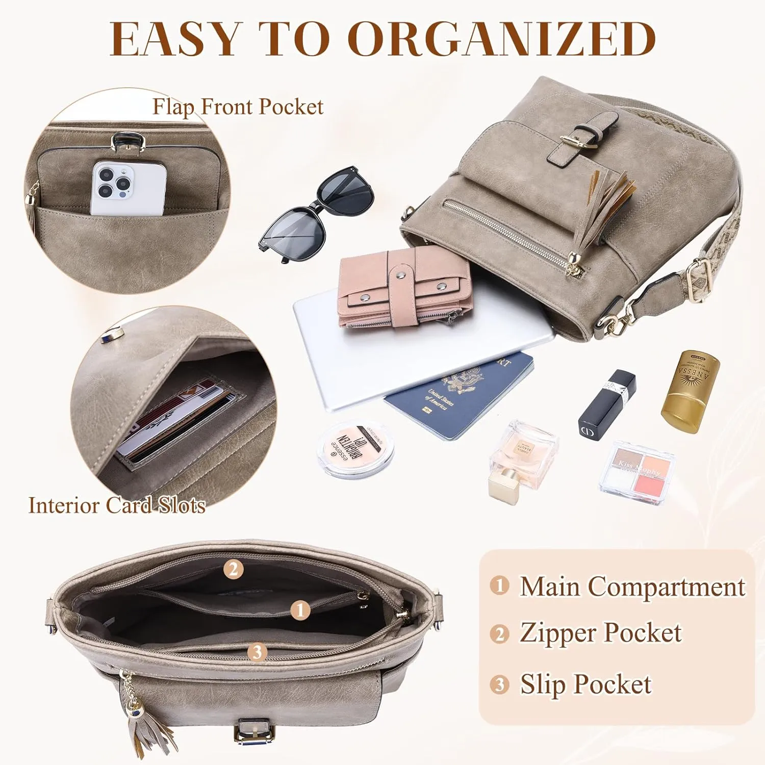 Kasqo Crossbody Bag for Women,Soft Vegan Leather Cross Body Purse Medium Shoulder Bag Handbags with Guitar Strap Tassel