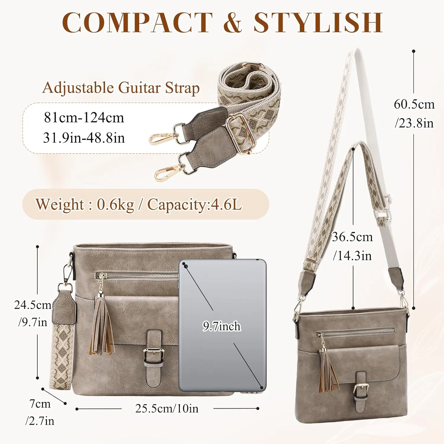 Kasqo Crossbody Bag for Women,Soft Vegan Leather Cross Body Purse Medium Shoulder Bag Handbags with Guitar Strap Tassel