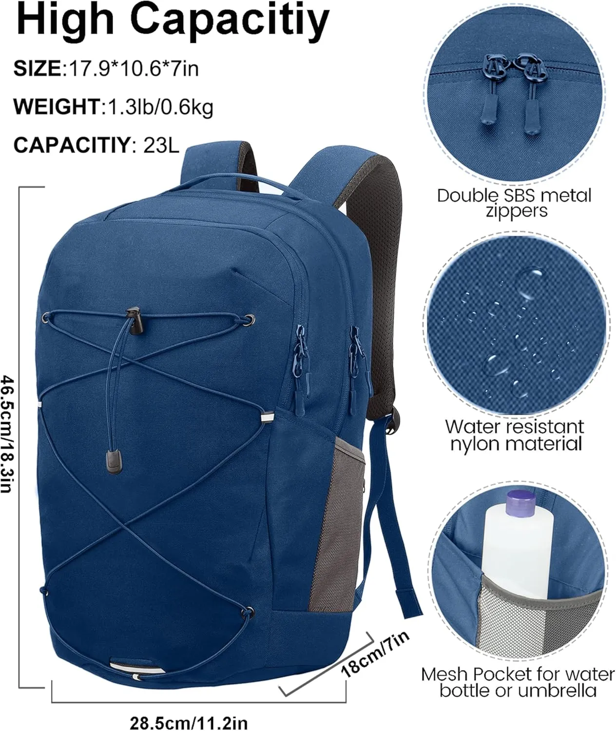 KEOFID Casual Backpack for Men and Women, Hiking Backpack for Travel, Black Daypacks for Sports, College, Water Resistant(Blue)