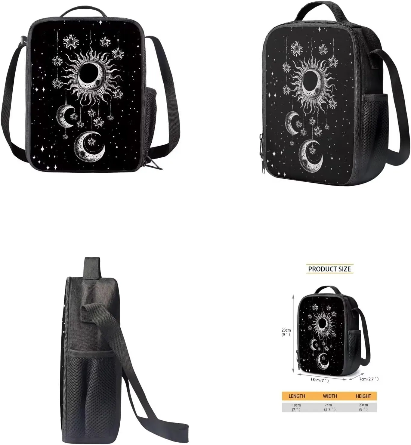 Kids Backpacks Set Black Gothic Moon Sun Backpack for Girls Insulated Lunch Bag with Carrying Straps Trendy Pencil Case for Pen Erasers Resuable Water Bottle Holder with Strap Nice Gifts