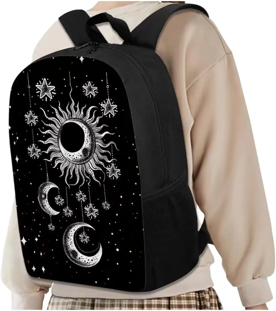 Kids Backpacks Set Black Gothic Moon Sun Backpack for Girls Insulated Lunch Bag with Carrying Straps Trendy Pencil Case for Pen Erasers Resuable Water Bottle Holder with Strap Nice Gifts