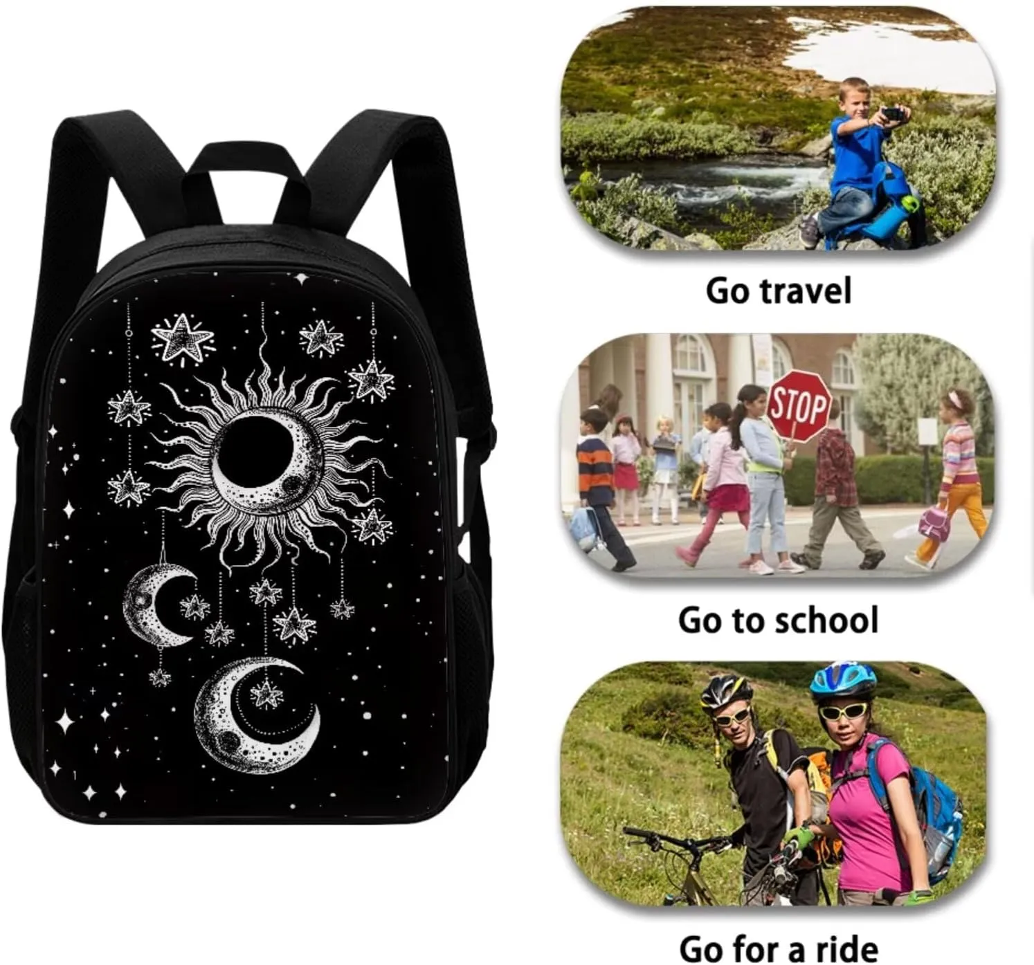 Kids Backpacks Set Black Gothic Moon Sun Backpack for Girls Insulated Lunch Bag with Carrying Straps Trendy Pencil Case for Pen Erasers Resuable Water Bottle Holder with Strap Nice Gifts