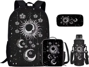Kids Backpacks Set Black Gothic Moon Sun Backpack for Girls Insulated Lunch Bag with Carrying Straps Trendy Pencil Case for Pen Erasers Resuable Water Bottle Holder with Strap Nice Gifts