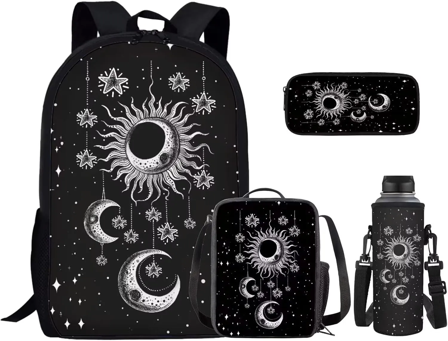 Kids Backpacks Set Black Gothic Moon Sun Backpack for Girls Insulated Lunch Bag with Carrying Straps Trendy Pencil Case for Pen Erasers Resuable Water Bottle Holder with Strap Nice Gifts