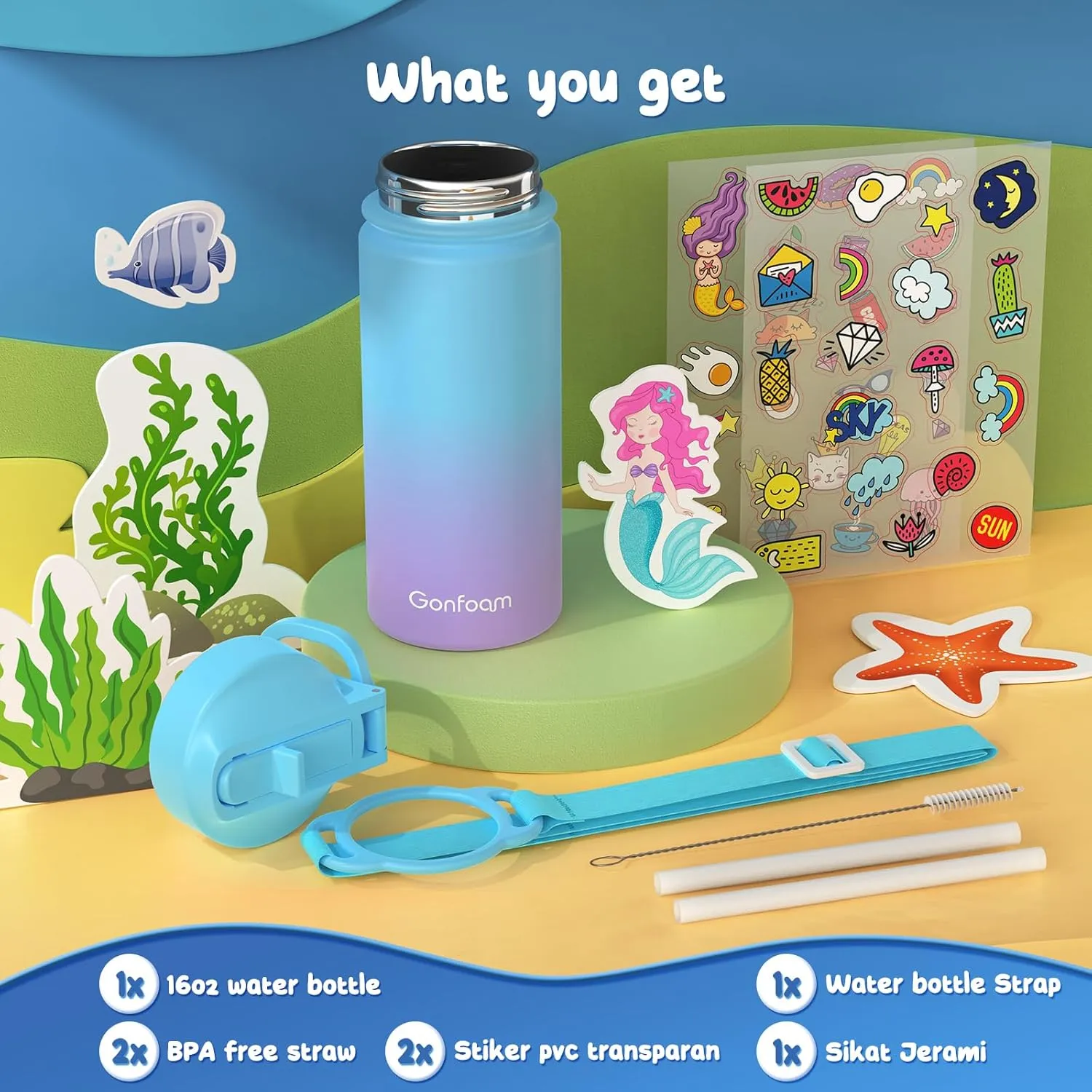 Kids Water Bottle, 16oz Kids Water Bottle with Stickers for School(Blue/Purple)