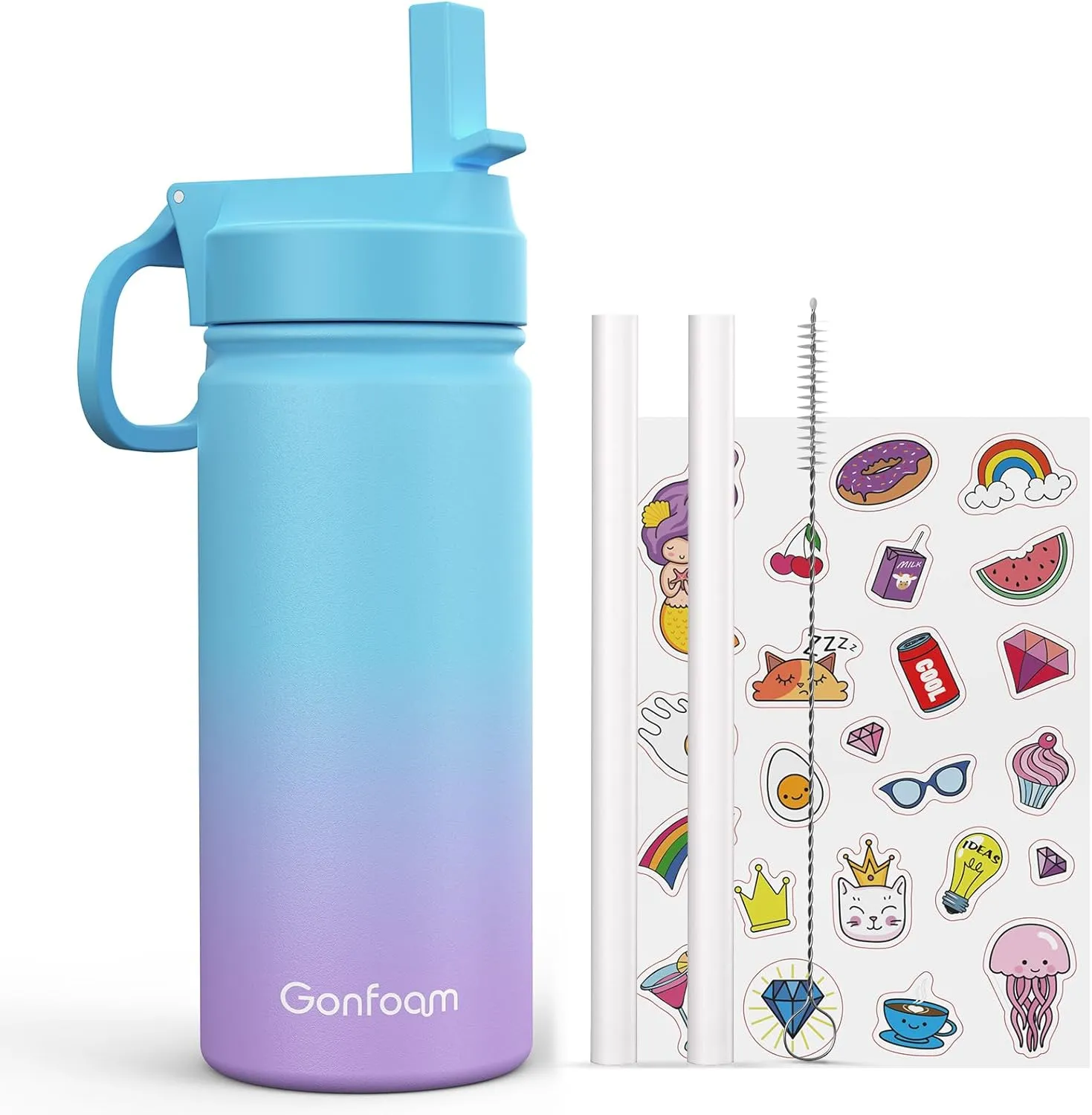Kids Water Bottle, 16oz Kids Water Bottle with Stickers for School(Blue/Purple)