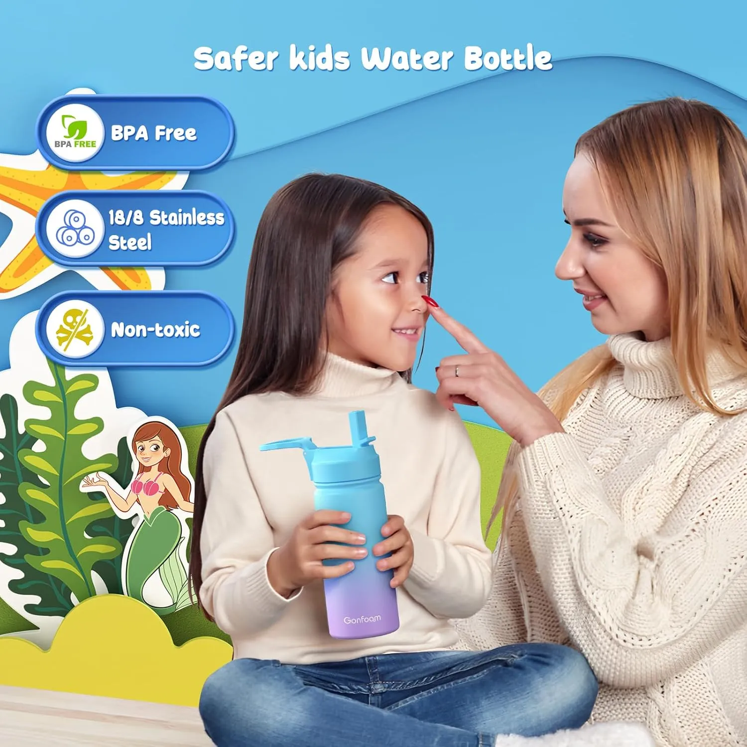 Kids Water Bottle, 16oz Kids Water Bottle with Stickers for School(Blue/Purple)