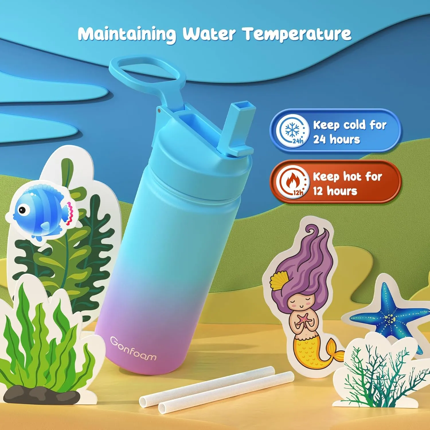 Kids Water Bottle, 16oz Kids Water Bottle with Stickers for School(Blue/Purple)