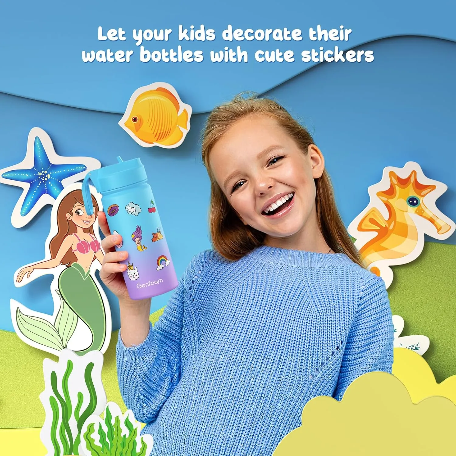 Kids Water Bottle, 16oz Kids Water Bottle with Stickers for School(Blue/Purple)