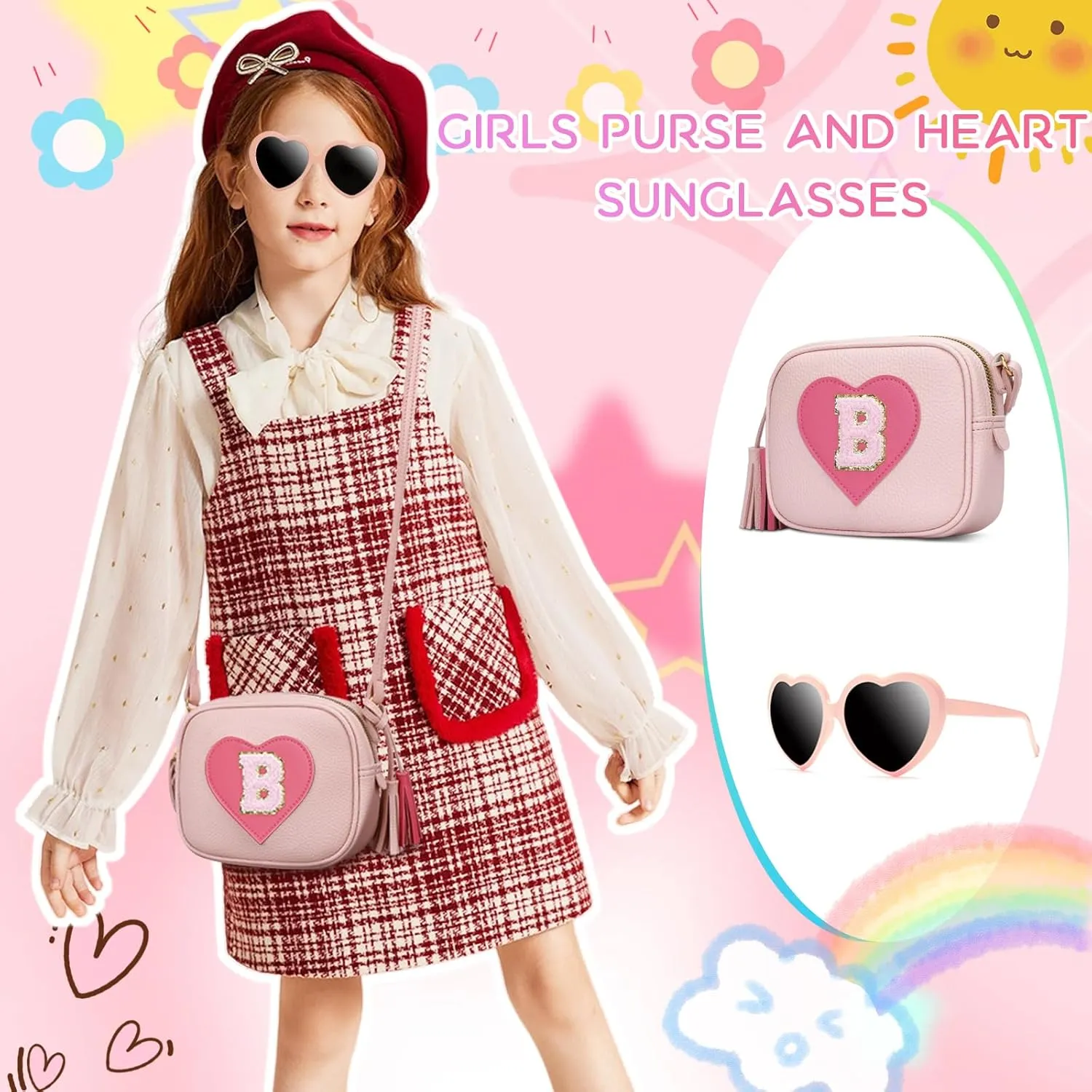 KKXIU Kids Purse Toddler Gifts for Girls and Women Vegan Leather Tassel Crossbody Bag with Sunglasses