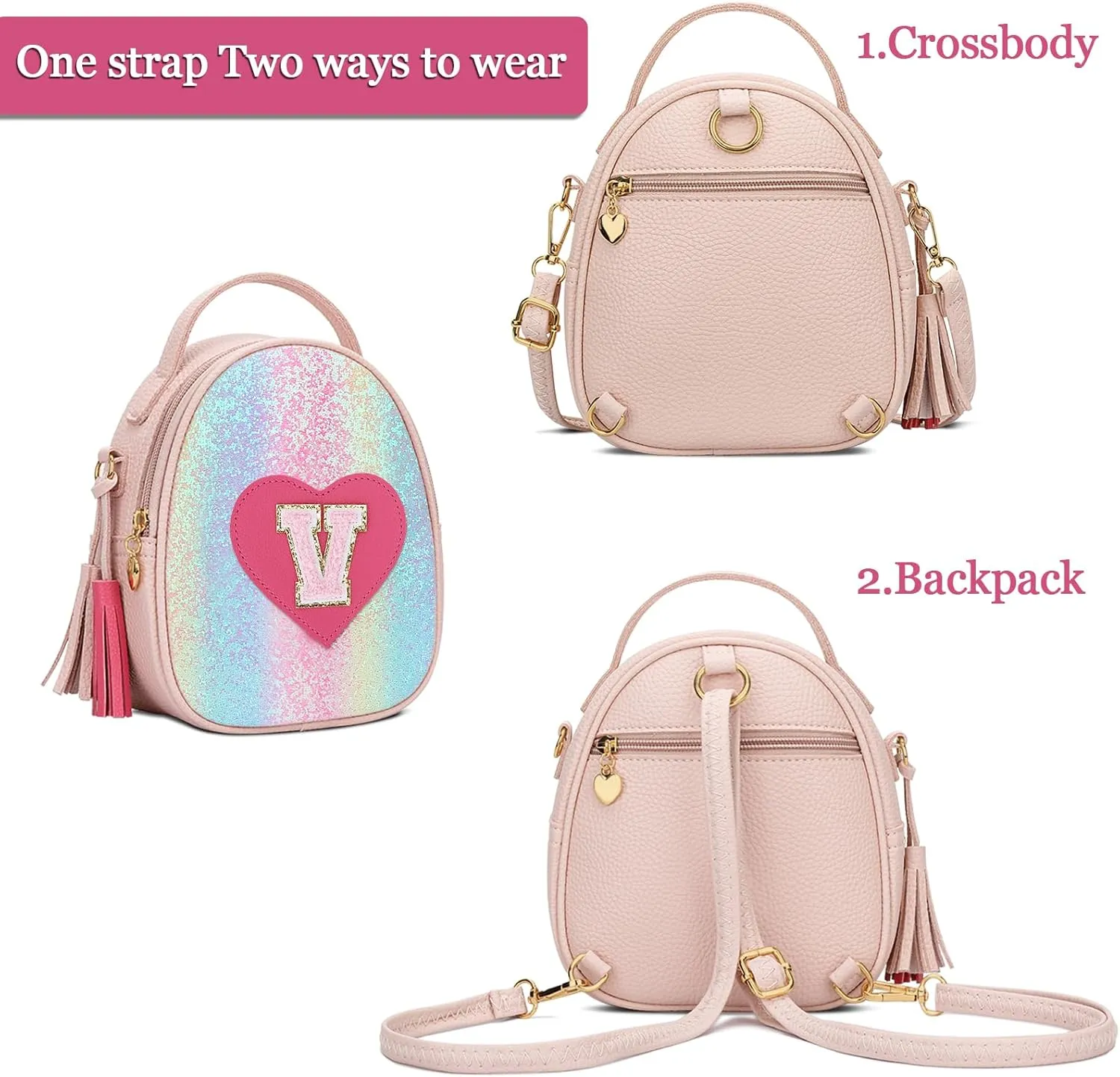 KKXIU Purse Gifts for Girls Cute Little Girl Crossbody Bag Heart Kids Small Backpack with Tassel (Shine-V)