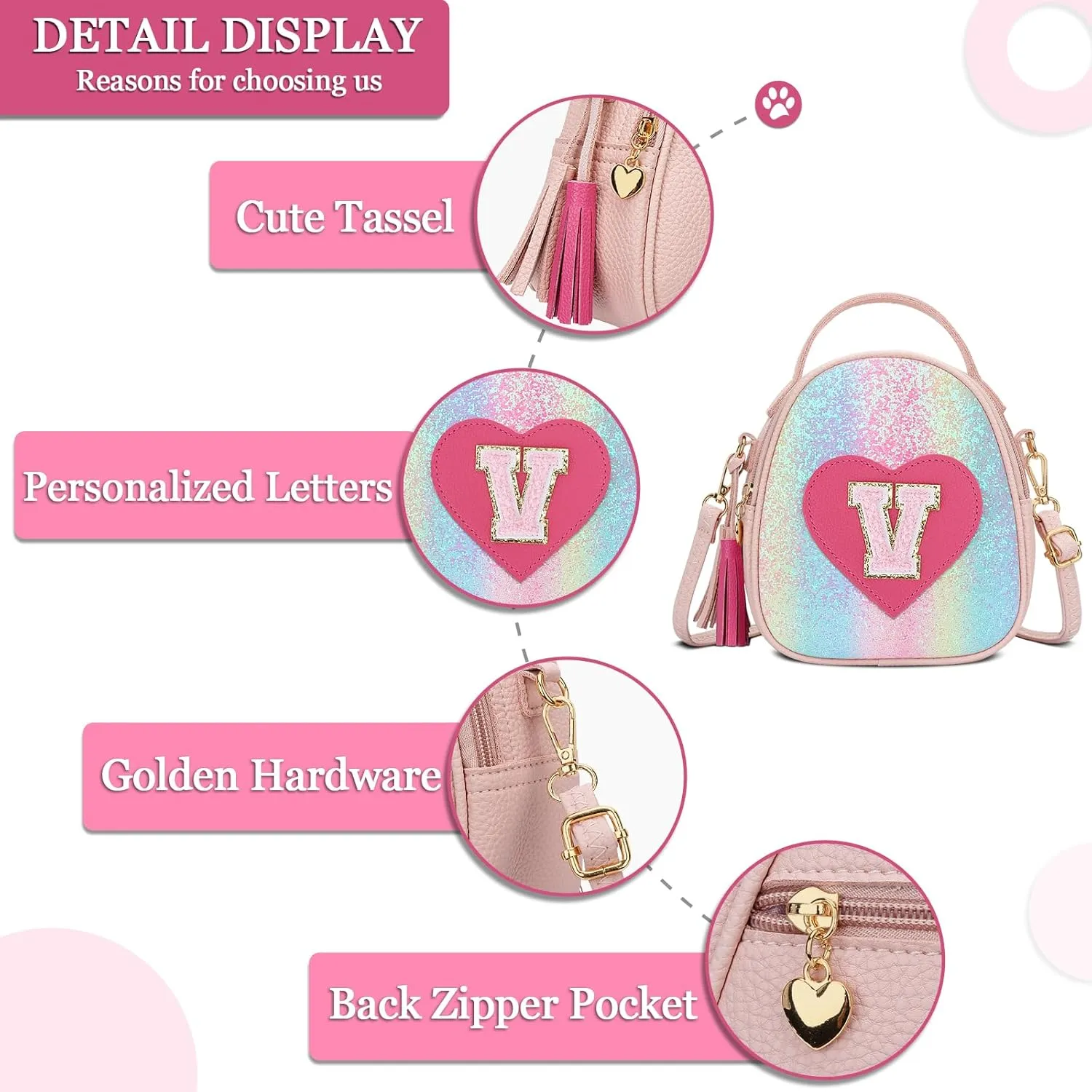 KKXIU Purse Gifts for Girls Cute Little Girl Crossbody Bag Heart Kids Small Backpack with Tassel (Shine-V)