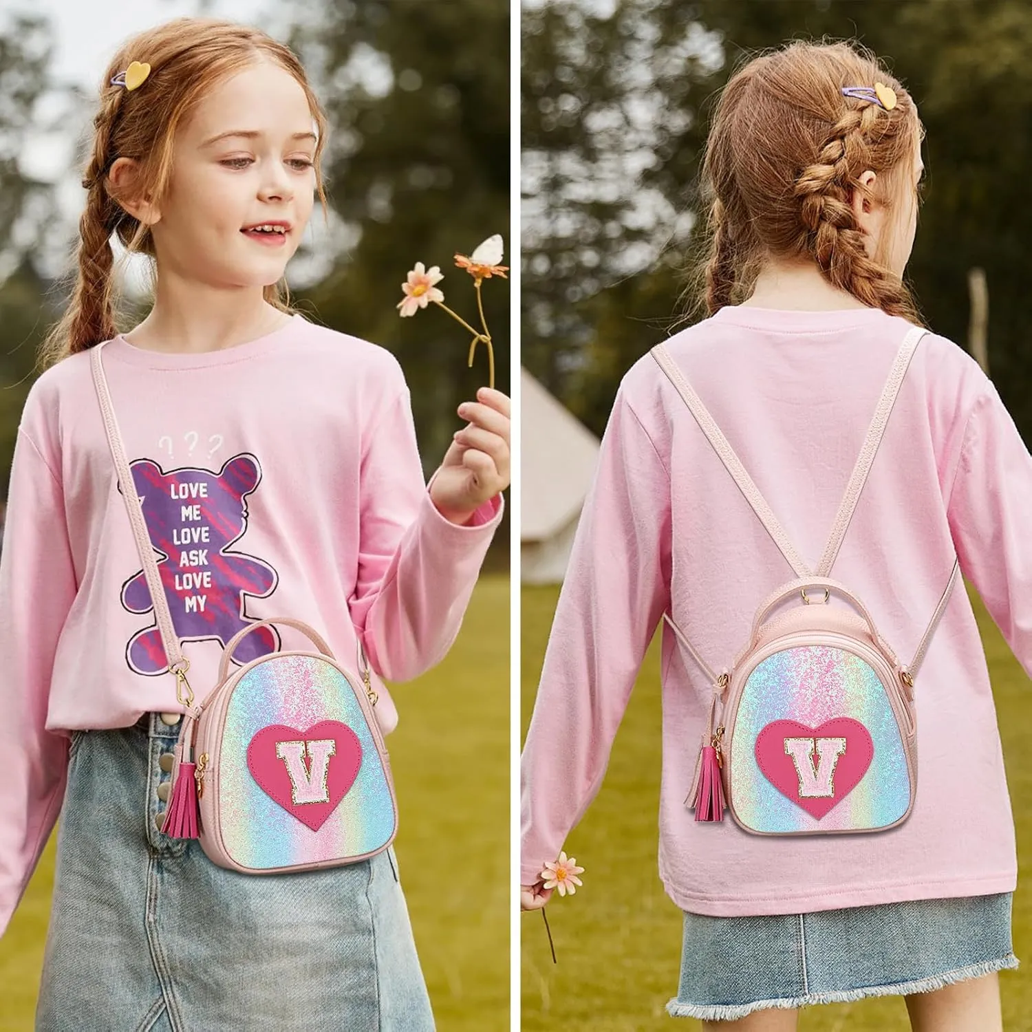 KKXIU Purse Gifts for Girls Cute Little Girl Crossbody Bag Heart Kids Small Backpack with Tassel (Shine-V)