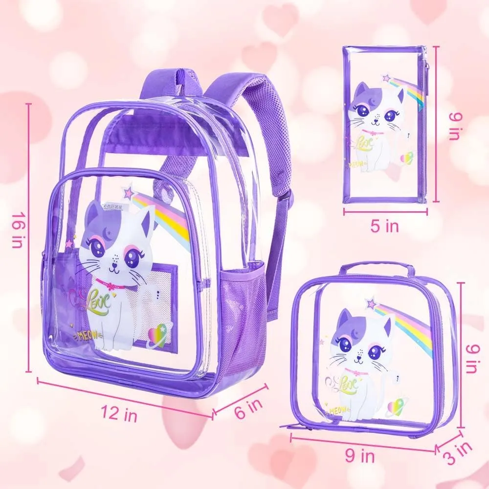 KLFVB 3PCS Clear Backpack for Girls and Boys, Kids See Through Backpacks Stadium Approved, Transparent Bookbag for Elementary
