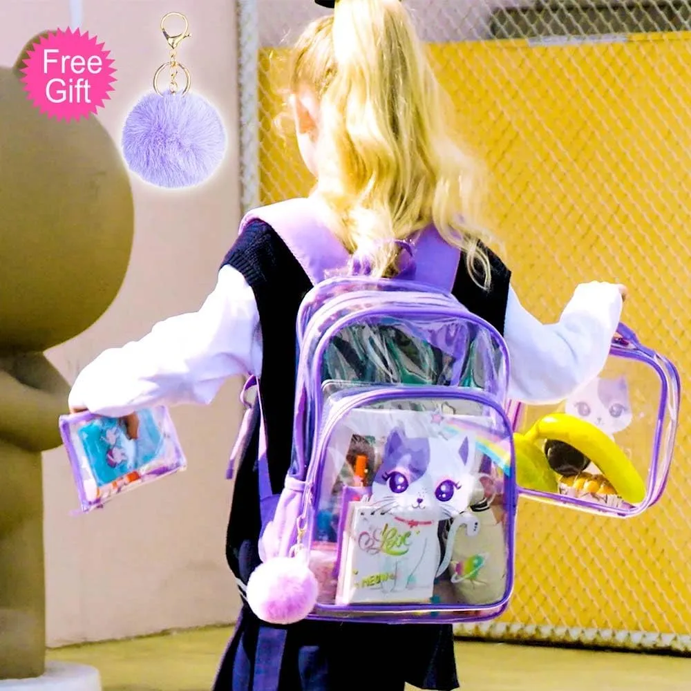 KLFVB 3PCS Clear Backpack for Girls and Boys, Kids See Through Backpacks Stadium Approved, Transparent Bookbag for Elementary