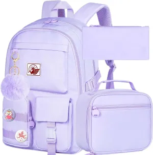 KLFVB Girls Backpack, 15.6 Inch Cute Aesthetic School Backpacks, Water Resistant Anti Theft College Bookbag for Women Teens Primary Students - Purple
