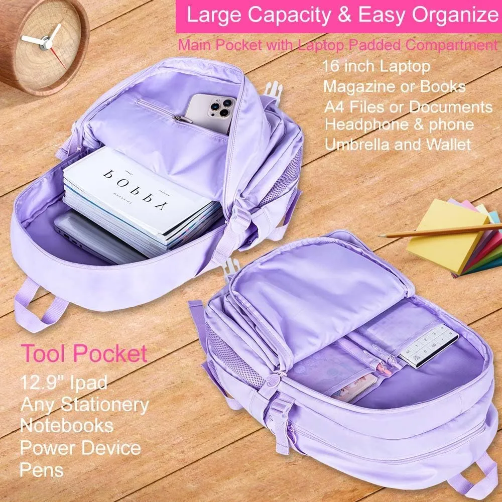 KLFVB Girls Backpack, 15.6 Inch Cute Aesthetic School Backpacks, Water Resistant Anti Theft College Bookbag for Women Teens Primary Students - Purple