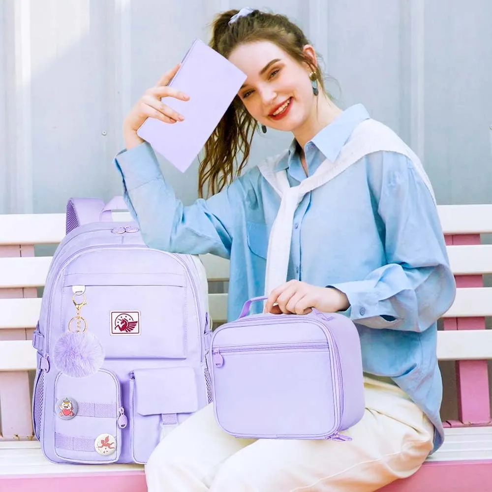 KLFVB Girls Backpack, 15.6 Inch Cute Aesthetic School Backpacks, Water Resistant Anti Theft College Bookbag for Women Teens Primary Students - Purple
