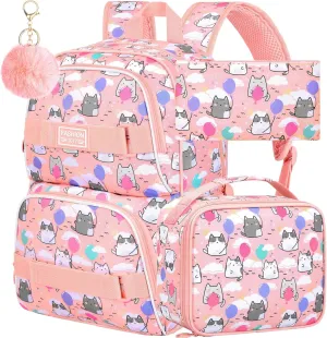 KLFVB Girls Backpack, 17" Cute Cloud Cat Bookbag, Water-Resistant College School Backpacks for Women & Teens (Middle/Primary Students) - Cat Pink