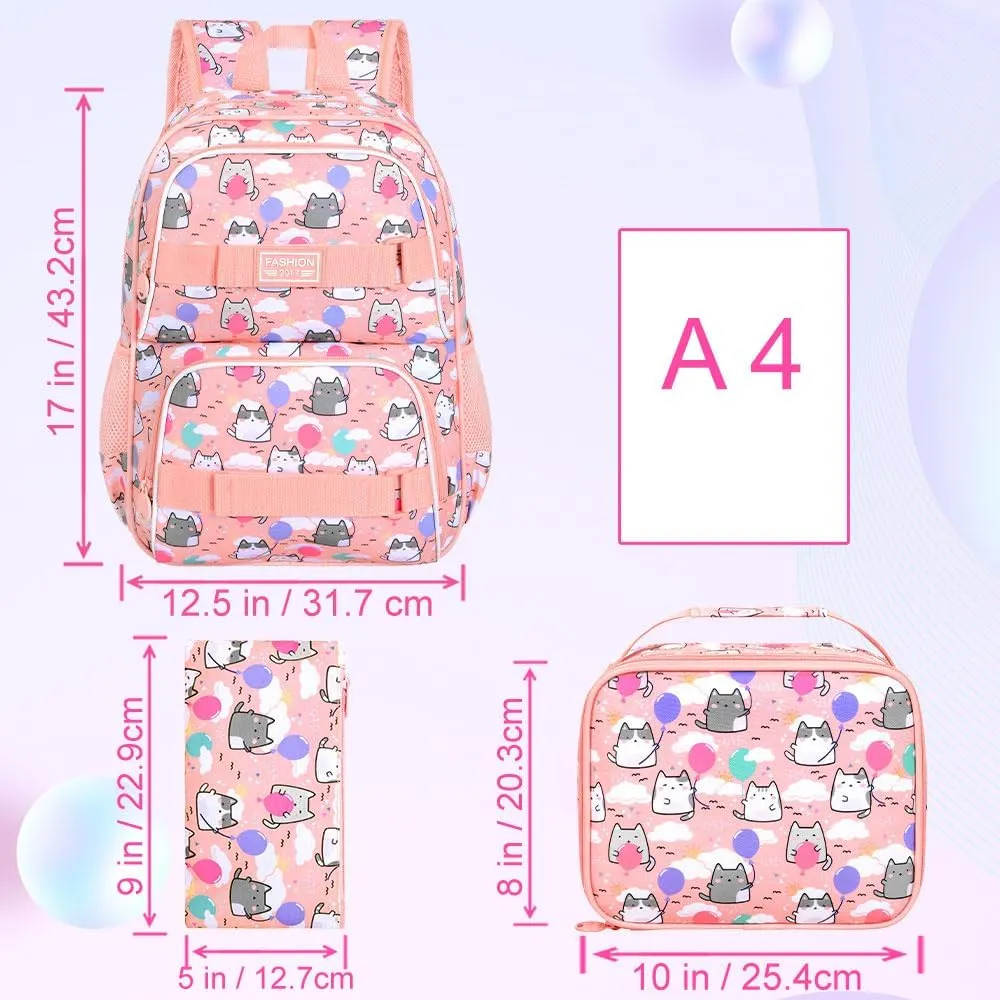 KLFVB Girls Backpack, 17" Cute Cloud Cat Bookbag, Water-Resistant College School Backpacks for Women & Teens (Middle/Primary Students) - Cat Pink