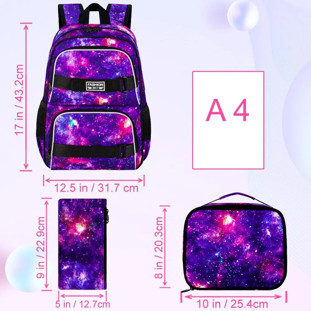KLFVB Girls Bookbag, 17" Galaxy Backpack, Water-Resistant College School Backpacks for Women & Teens (Middle/Primary Students) - Galaxy Purple