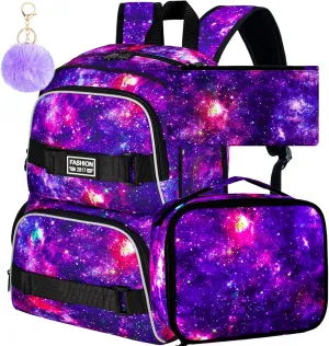 KLFVB Girls Bookbag, 17" Galaxy Backpack, Water-Resistant College School Backpacks for Women & Teens (Middle/Primary Students) - Galaxy Purple