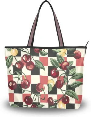 KLL silk fabric zippered tote for women convenient hobo handbags for women for Prom Engagement Cocktail Party Wedding Cherry Checkered Border size 15.7x11.4 in
