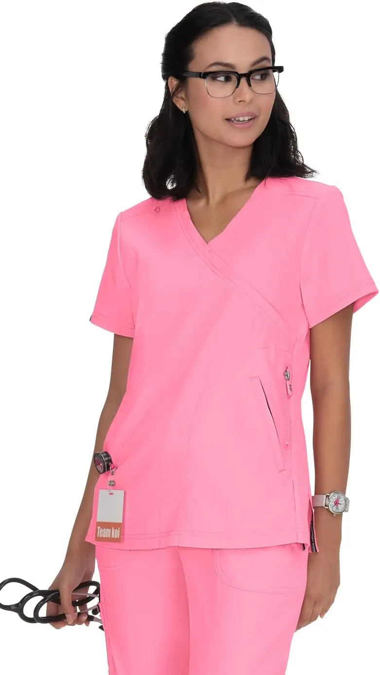 KOI Lite Women's Philosophy Mock Wrap Side Zipper Solid Scrub Top
