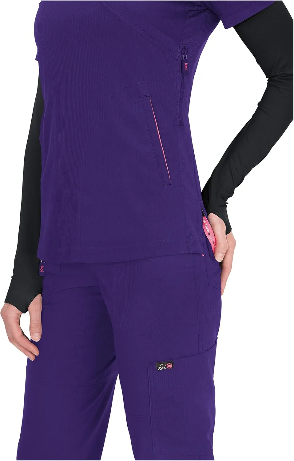KOI Lite Women's Philosophy Mock Wrap Side Zipper Solid Scrub Top