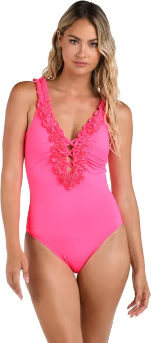 La Blanca Women's Island Goddess Ruffled Plunge One Piece Swimsuit