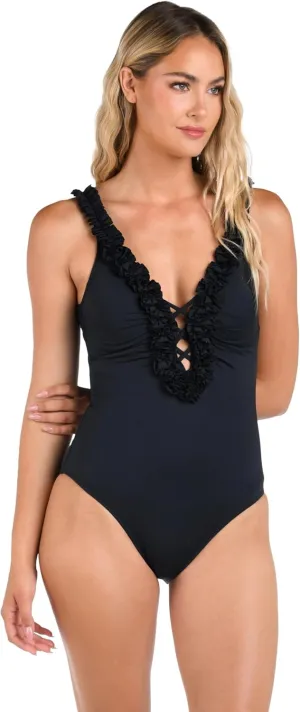 La Blanca Women's Island Goddess Ruffled Plunge One Piece Swimsuit