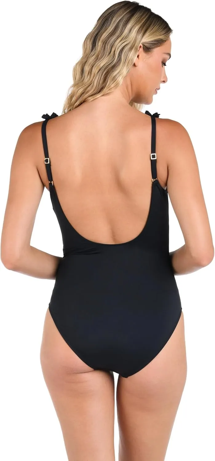 La Blanca Women's Island Goddess Ruffled Plunge One Piece Swimsuit