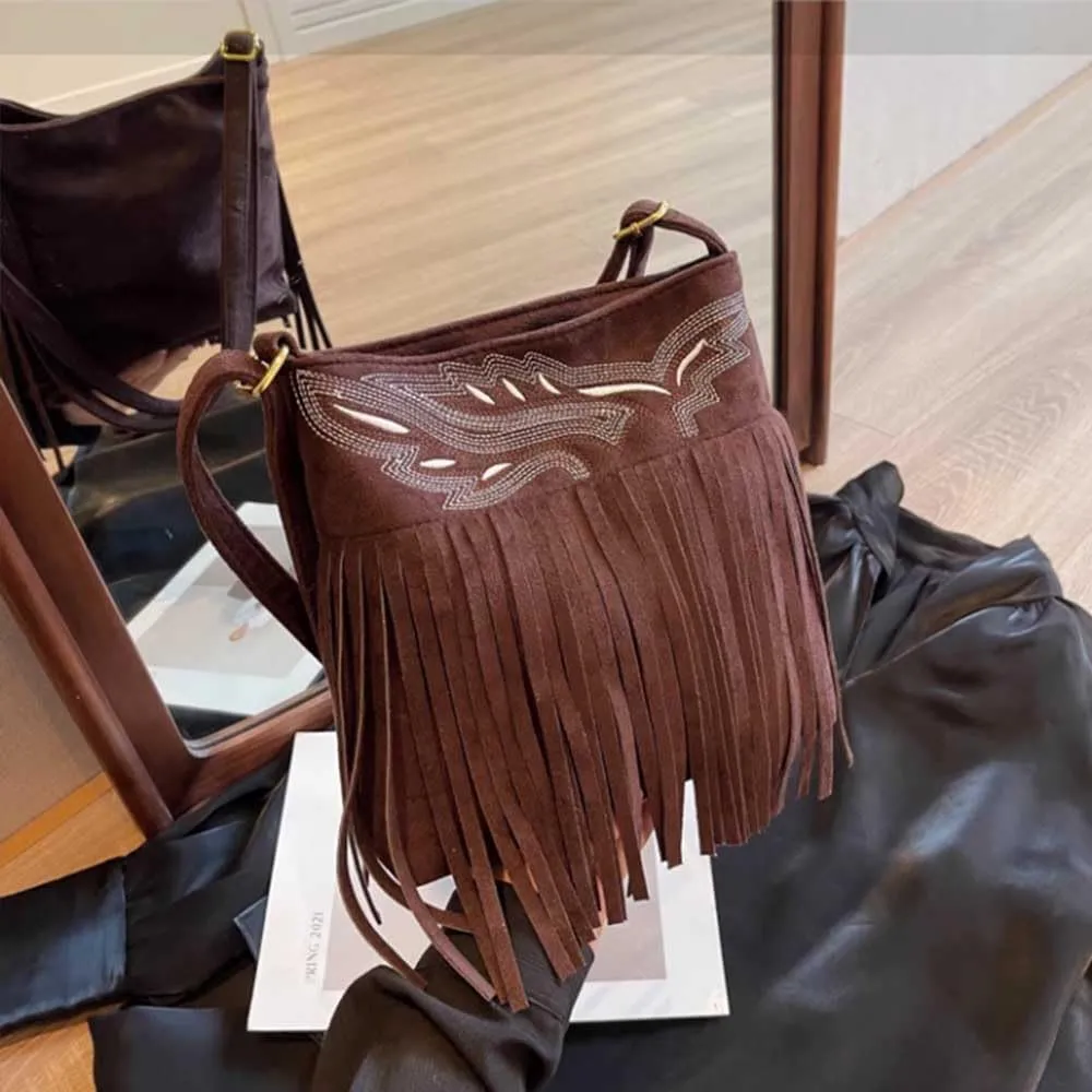 Ladies' retro embroidery bag, textured frosted tassel bag, ethnic style shoulder crossbody bag