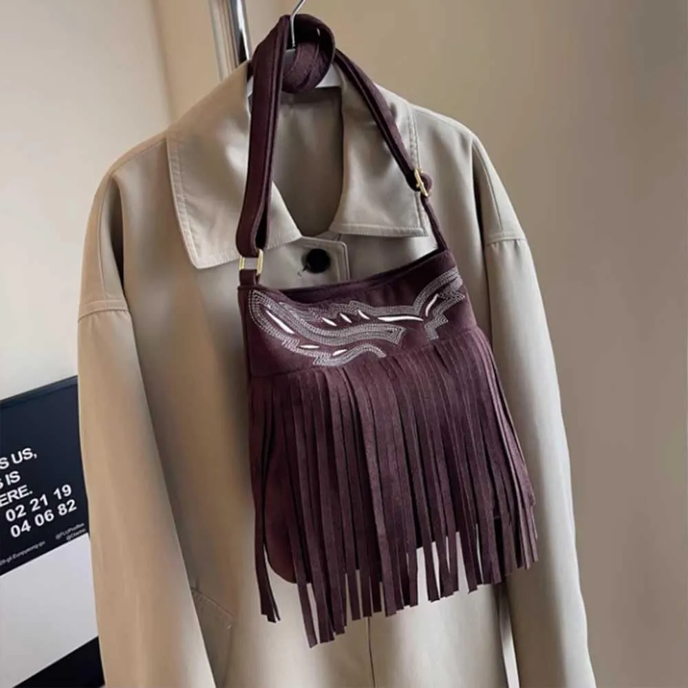 Ladies' retro embroidery bag, textured frosted tassel bag, ethnic style shoulder crossbody bag