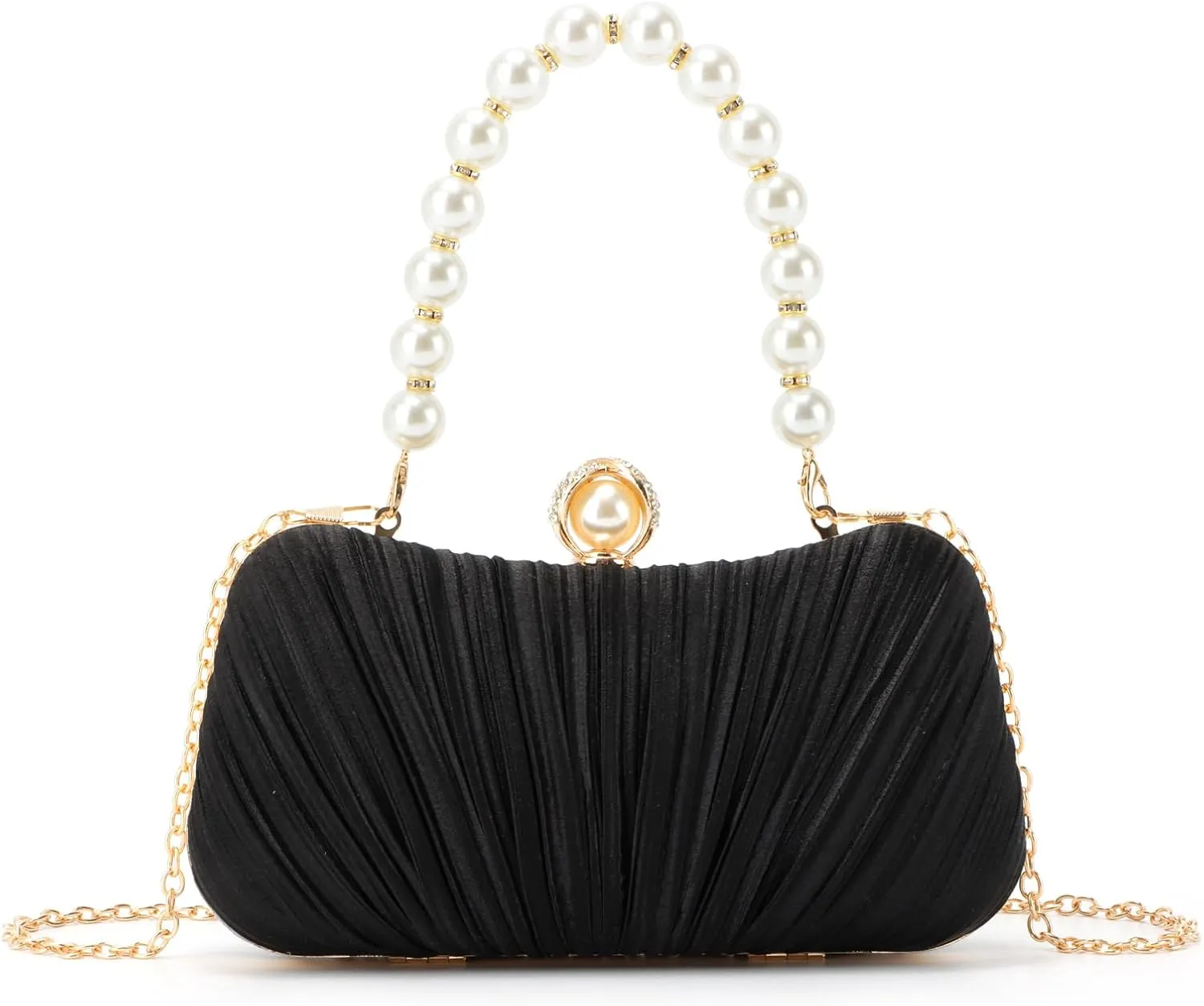 Lanpet Women’s Satin Clutch Purse Pleated Evening Bag for Bridal Wedding Party with Pearl Bead Strap