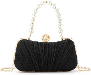 Lanpet Women’s Satin Clutch Purse Pleated Evening Bag for Bridal Wedding Party with Pearl Bead Strap