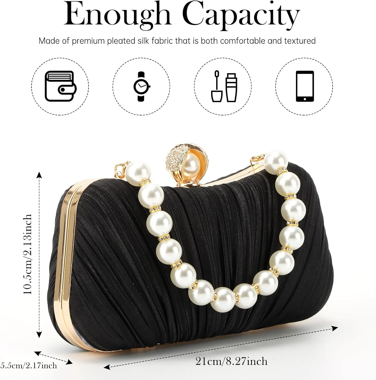 Lanpet Women’s Satin Clutch Purse Pleated Evening Bag for Bridal Wedding Party with Pearl Bead Strap
