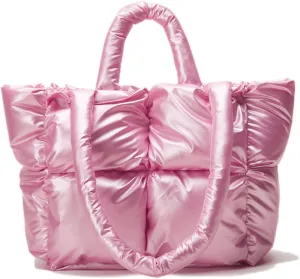 Large Puffer Tote Bag, Trendy Luxury Chic Quilted Cotton Padded Designer Handbags for women, Winter Soft Puffer Shoulder Bag Nylon Down Pillow Bag Women's Handbags & Shopper Bag (Z-Shiny-Pink)
