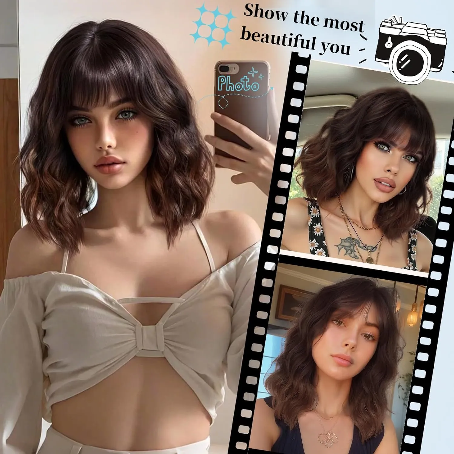 Lativ Brown Wigs with Bangs Short Wavy Curly Wig with Light Brown Ends Bob Wig for Women Shoulder Length 14 Inches Synthetic Curly Resistant Hair for Daily Party Use