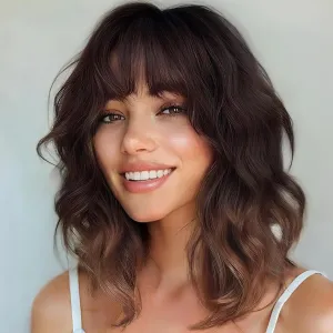 Lativ Brown Wigs with Bangs Short Wavy Curly Wig with Light Brown Ends Bob Wig for Women Shoulder Length 14 Inches Synthetic Curly Resistant Hair for Daily Party Use