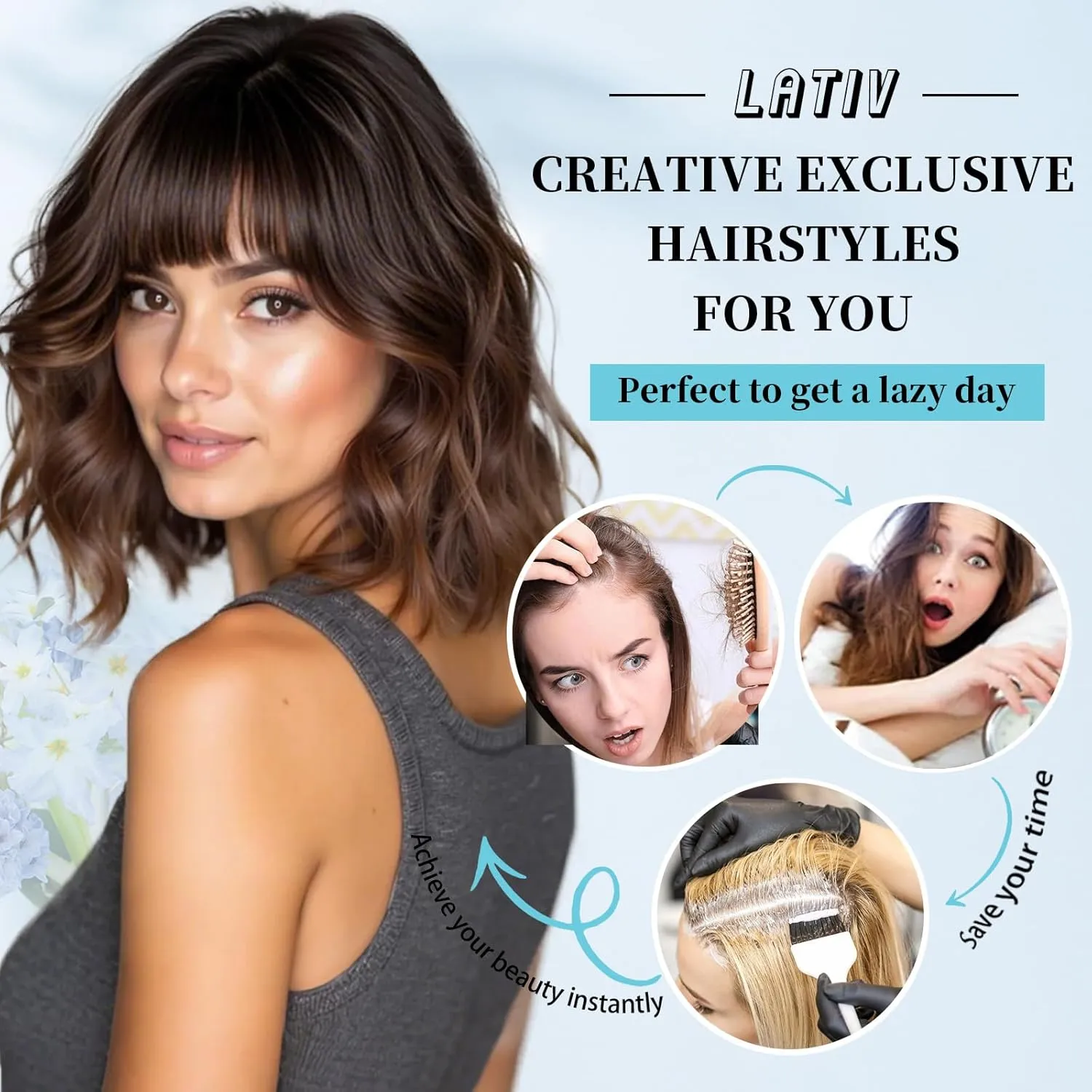 Lativ Brown Wigs with Bangs Short Wavy Curly Wig with Light Brown Ends Bob Wig for Women Shoulder Length 14 Inches Synthetic Curly Resistant Hair for Daily Party Use