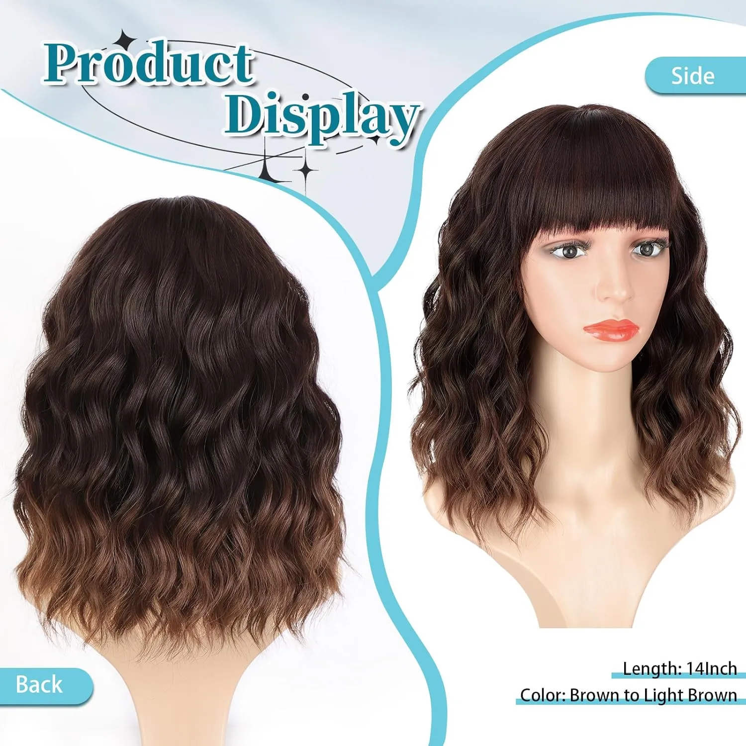Lativ Brown Wigs with Bangs Short Wavy Curly Wig with Light Brown Ends Bob Wig for Women Shoulder Length 14 Inches Synthetic Curly Resistant Hair for Daily Party Use