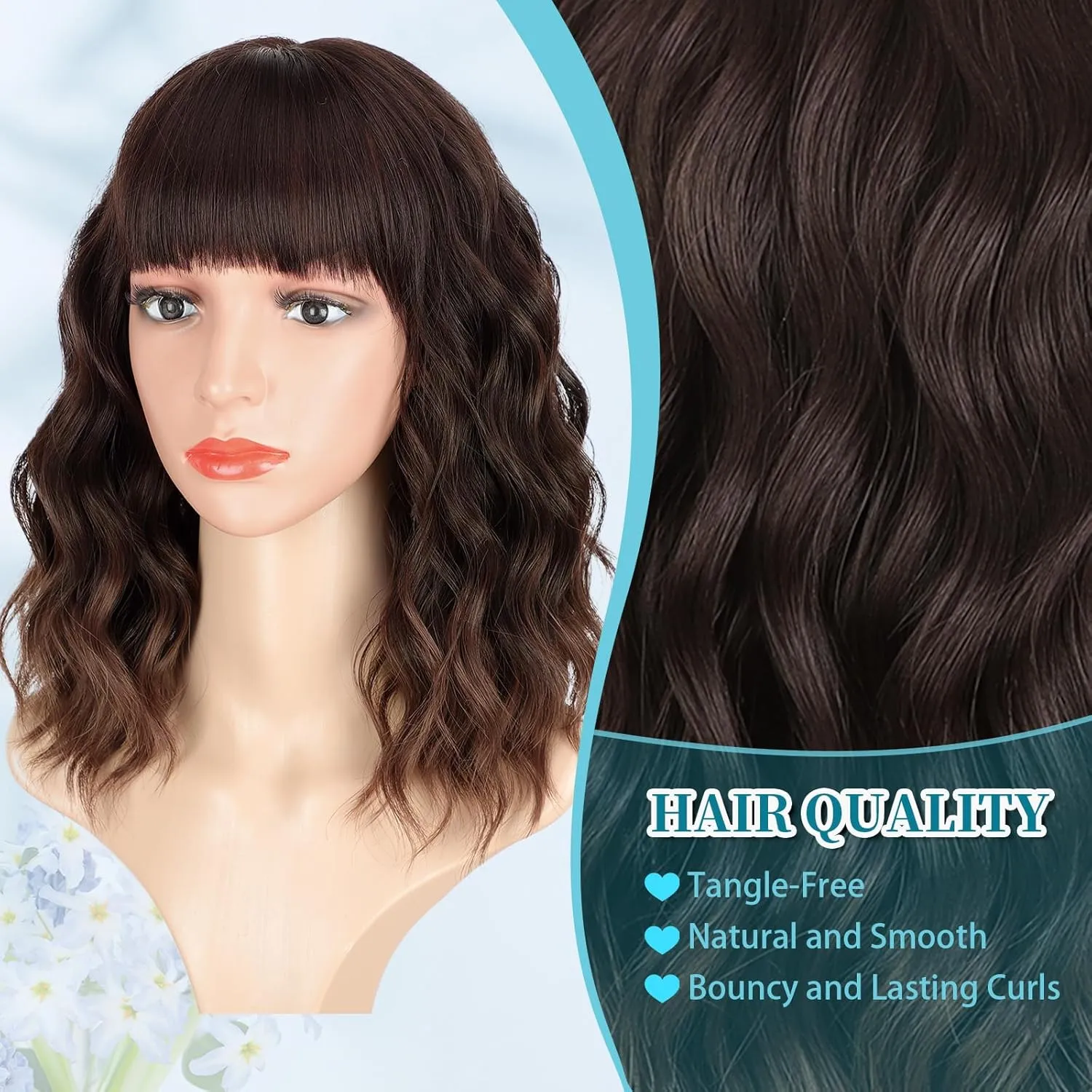 Lativ Brown Wigs with Bangs Short Wavy Curly Wig with Light Brown Ends Bob Wig for Women Shoulder Length 14 Inches Synthetic Curly Resistant Hair for Daily Party Use