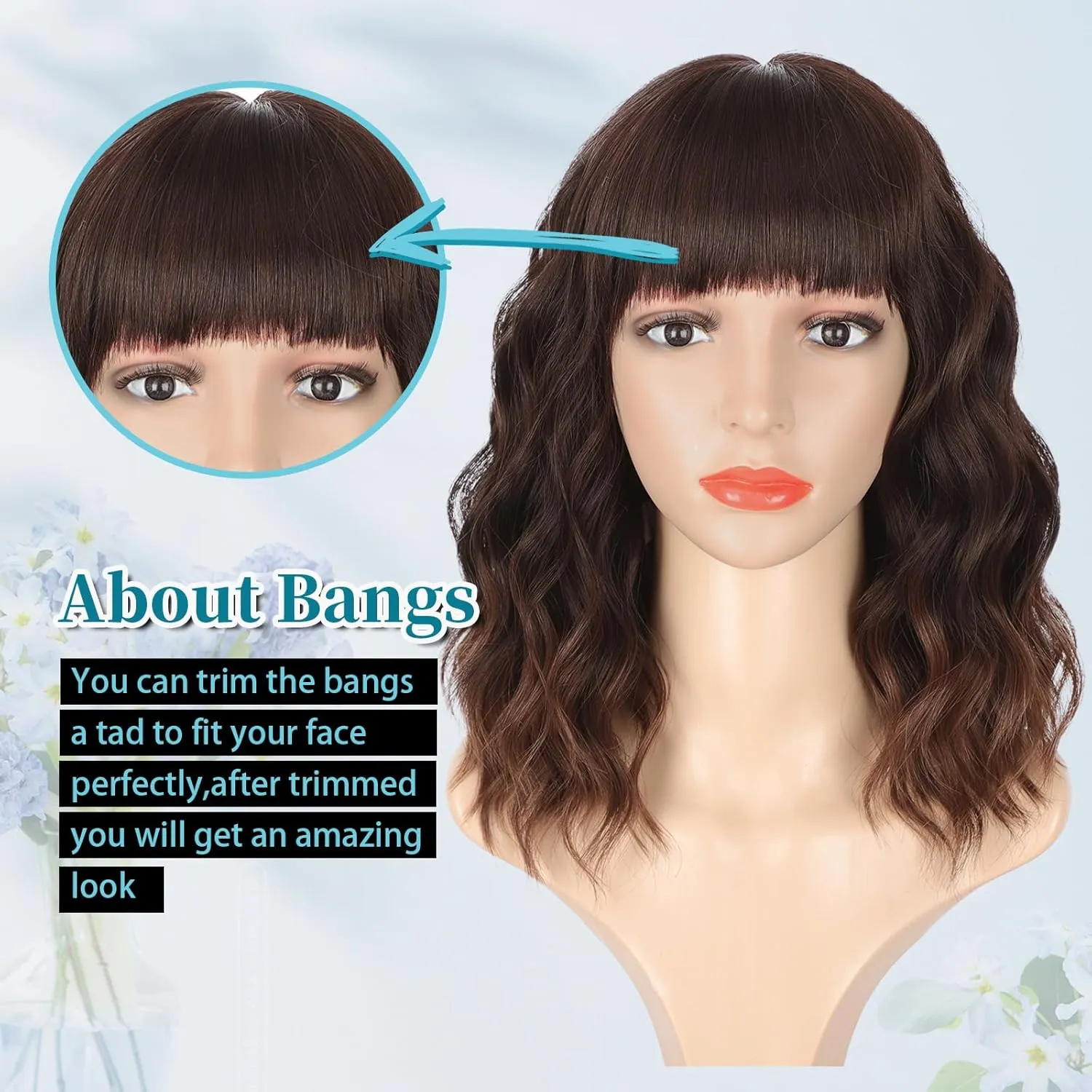 Lativ Brown Wigs with Bangs Short Wavy Curly Wig with Light Brown Ends Bob Wig for Women Shoulder Length 14 Inches Synthetic Curly Resistant Hair for Daily Party Use
